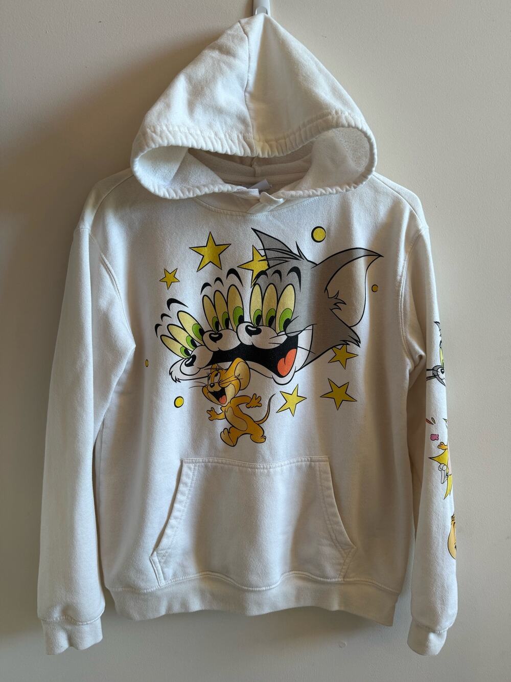 Tom and Jerry White Hoodie Size Large Cotton Polyester Cartoon Graphics Pocket